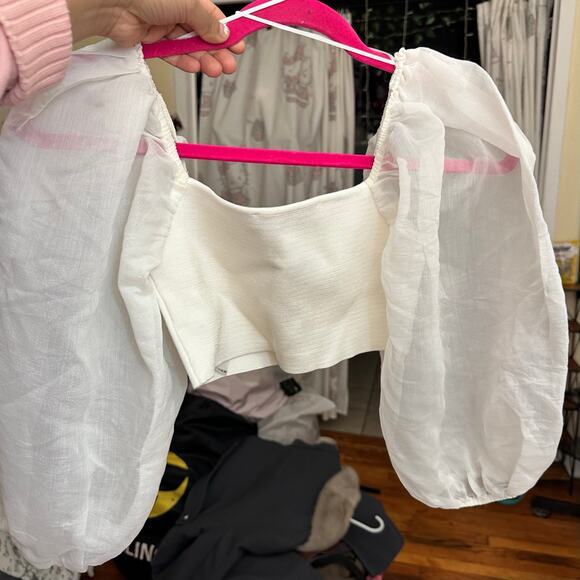 Zara Puff Organza Knit Top White Size Medium Bloggers‎ Favorite Feminine - Picture 4 of 7